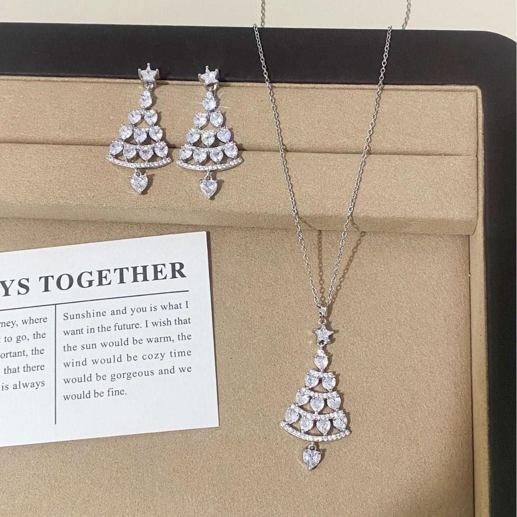 Zircon Star Christmas Tree Necklace and Earring Set – Elegant Winter Jewelry for Women