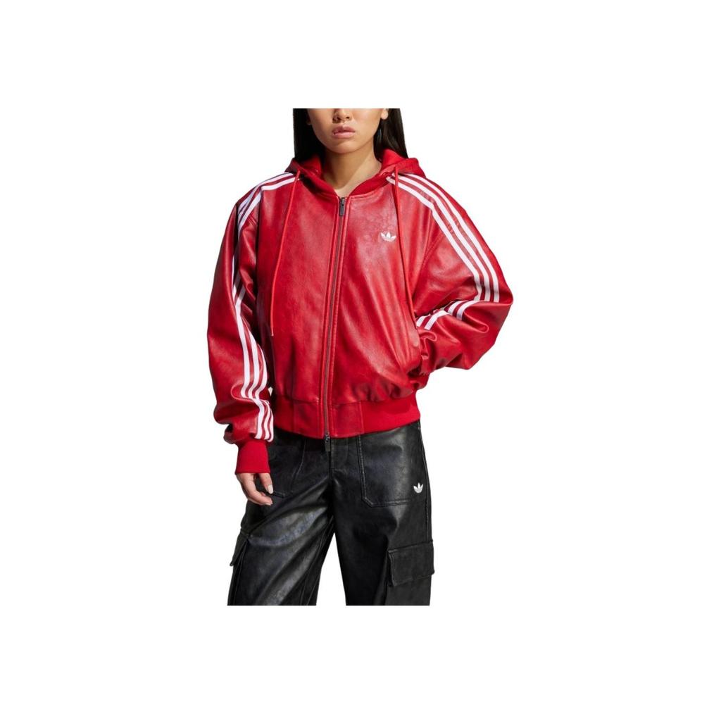 Adidas Originals Sports Lifestyle Series American Retro Brand Logo Striped Warm Hooded Jacket Women Jackets Light-Crimson JY8887