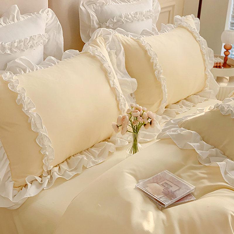 Korean Princess Lolita Bed 4-Piece Set Solid Washed Cotton Breathable Bed Sheet Duvet Cover Bedding Set with Lace