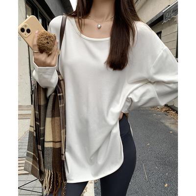 French Irregular Slit Mid-length Brushed Long-sleeved Loose T-shirt for Women In Autumn Lazy and Pure Lust Top