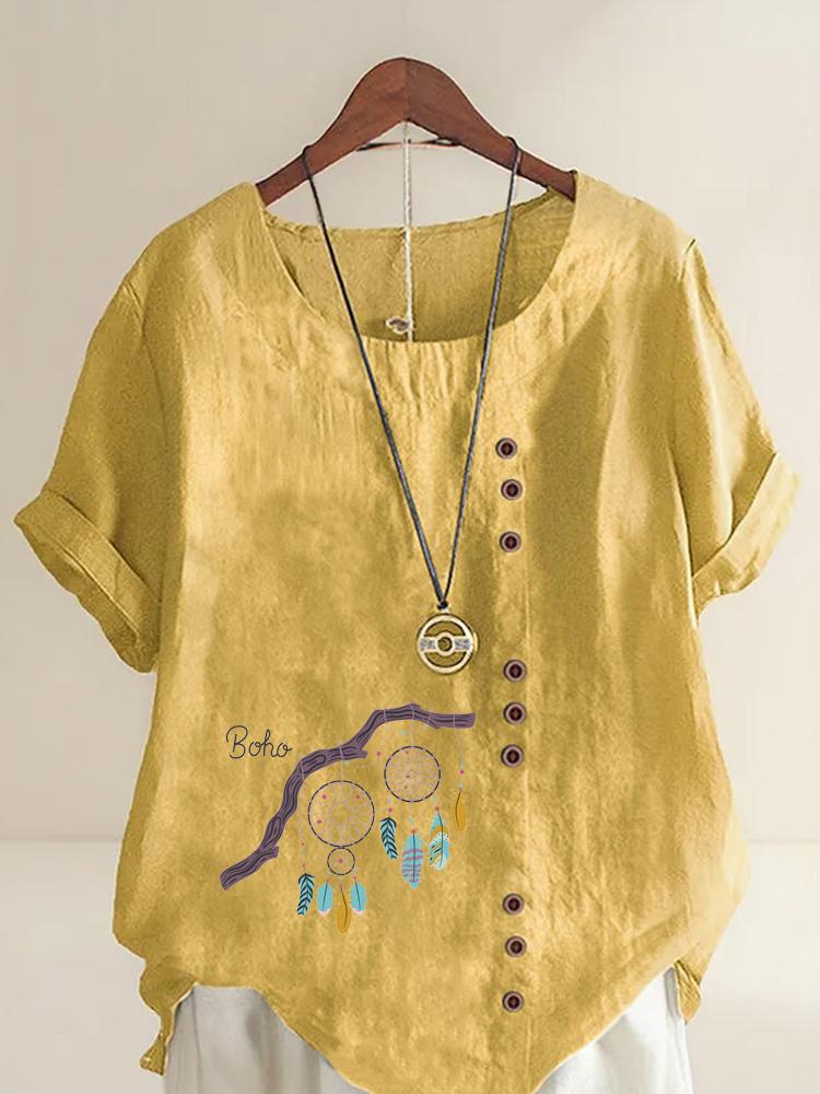 Women's Fashion Feather Pattern Print Shot Sleeve T-shirt Loose Cotton Shirt Casual Loose Summer Plus Size Blouse Tops