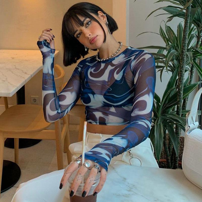 Fashion Female Crop Tops Mesh Sheer Print Round Neck Long Sleeve T-Shirt Pullovers Sexy Streetwear Y2k Harajuku Tops