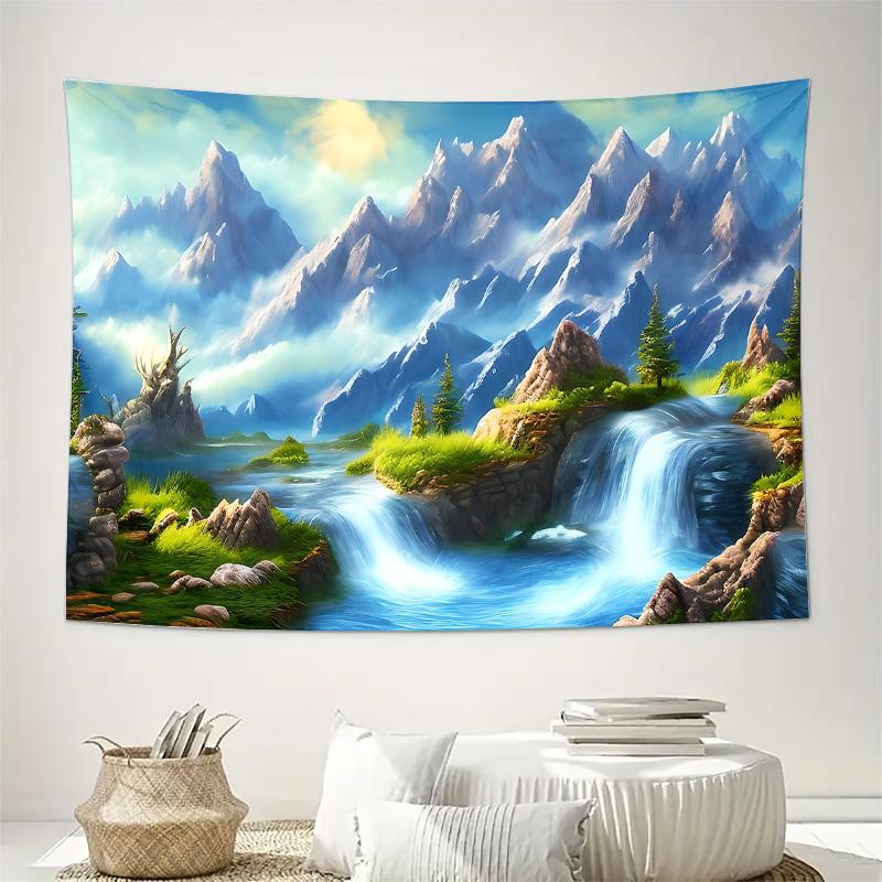 Fantasy Mountain Waterfall River Landscape Wall Tapestry Machine Washable All Season Decor Art Print Nature Design Homenontoxic