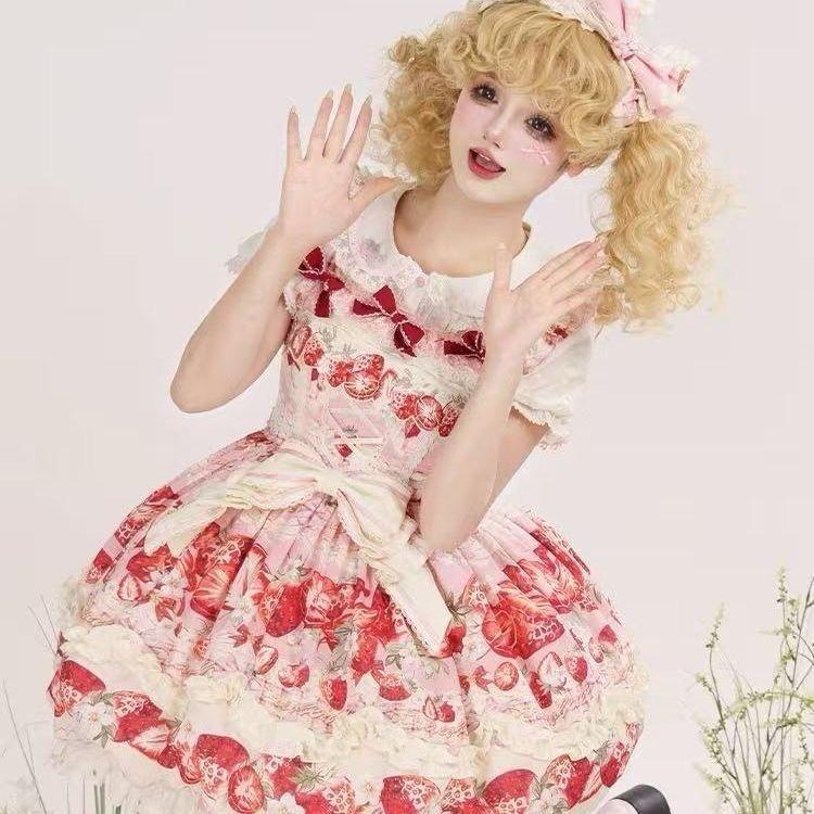 Strawberry Retro Aesthetic Japanese Lolita Strap Dress Pleated Dress Cute Frill Comic Show Cosplay Kawaii Girl Outfit