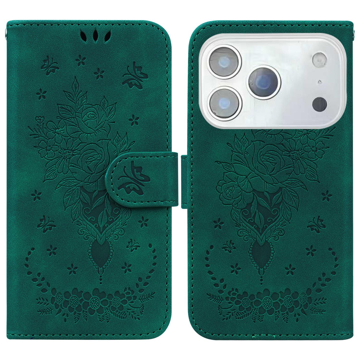 

For iPhone 17 Pro Max Case Butterfly Flower Imprint PU Leather Wallet Phone Cover with Strap Green
