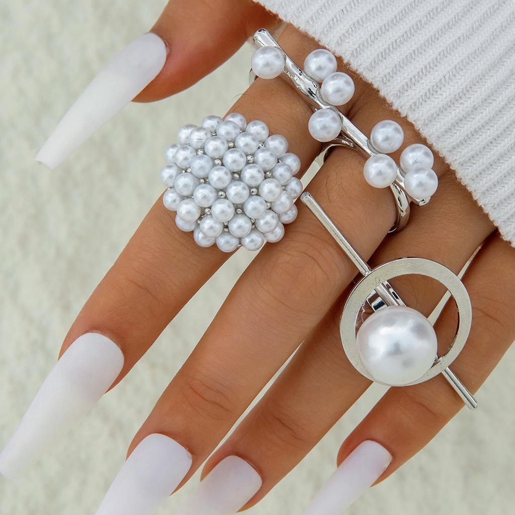 Design Geometric Baroque Pearl Ring Alloy Flower Dripping Branch Ring Set