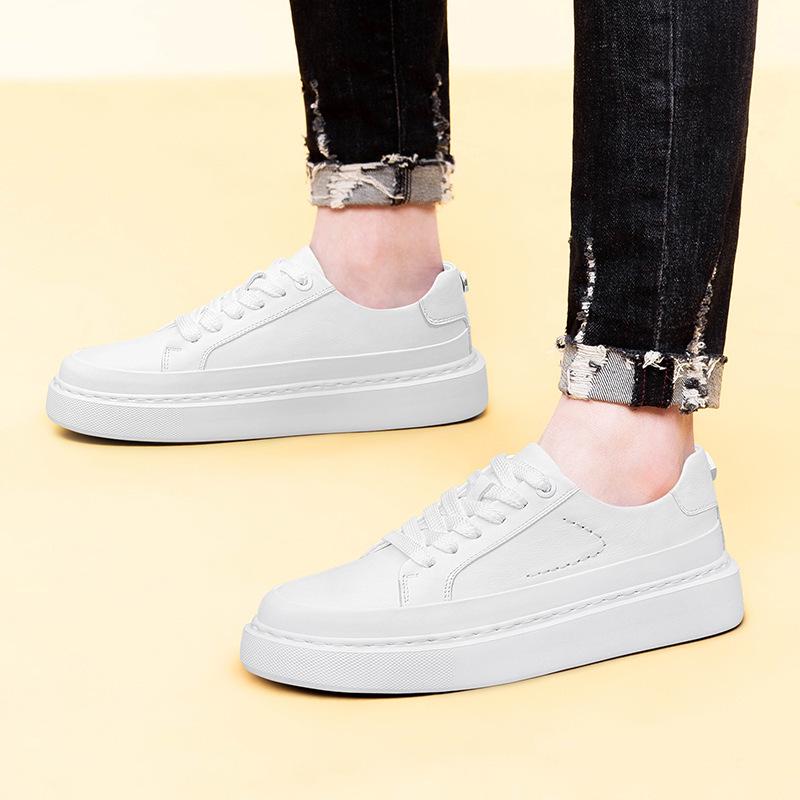 Spring Collection: Thick Sole Height-Boosting White Leather Sneakers for Couples – Trendy, Versatile, Casual Sports Shoes