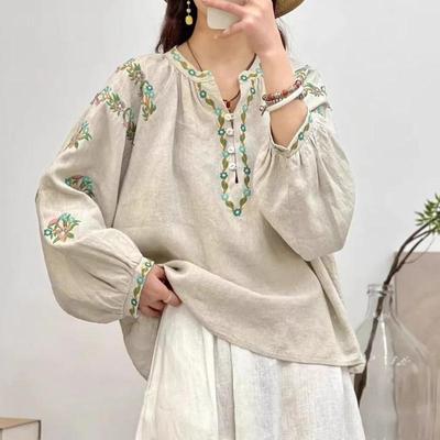 Frühlings-V-Ausschnitt Halbgeöffneter Cardigan Knopf Vintage Literarische Stickerei Baumwolle Leinen Altersreduzierend Waldstil Oberteil