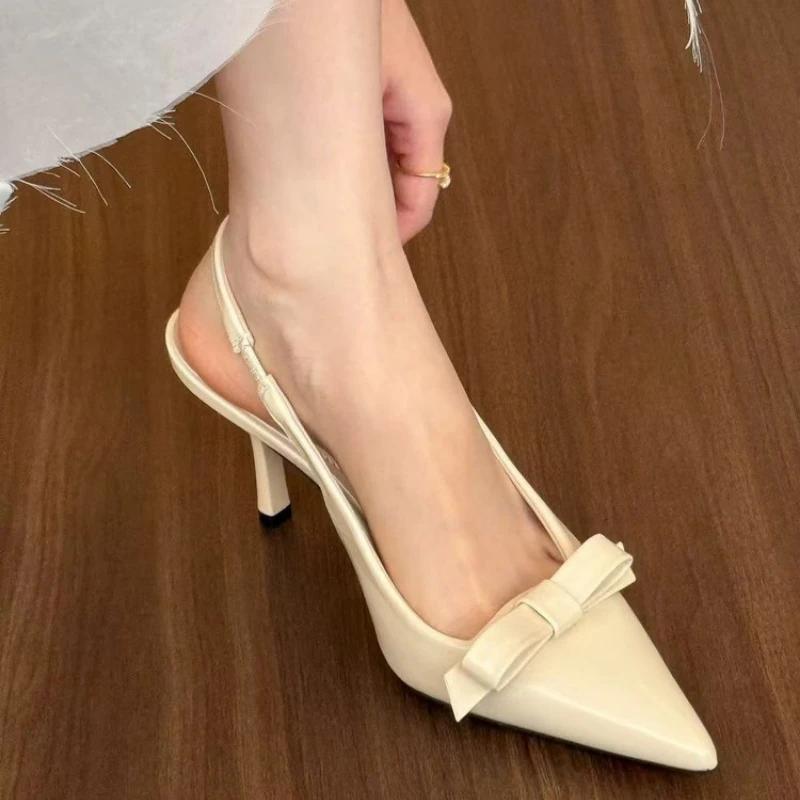 

Fashion 2025 Modern Office Shoes for Women Black Wedding Slingback Pointed Toe Butterfly Decoration Female High Heeled Sandals 35 бежевый