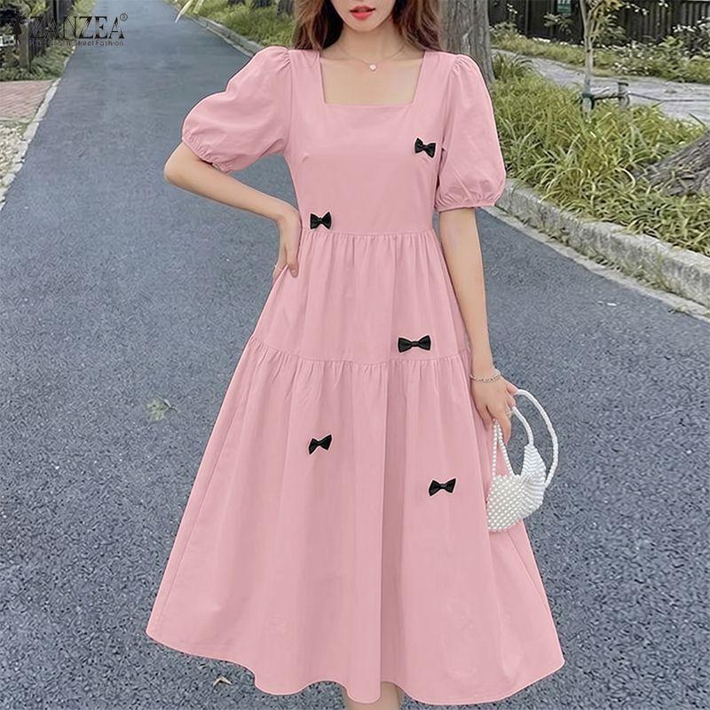 ZANZEA Women Elegant Casual Square Collar Casual Short Sleeve Dress