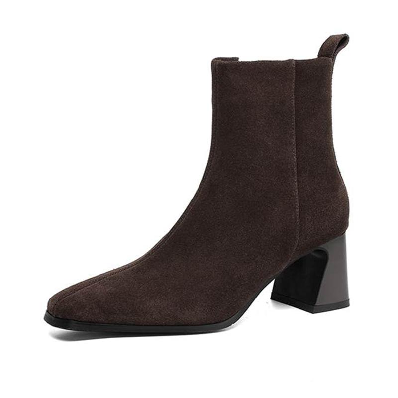 Krazing Pot Cow Suede Nubuck Winter Square Toe Modern Boots Thick High Heels Zipper Women Ankle Boots