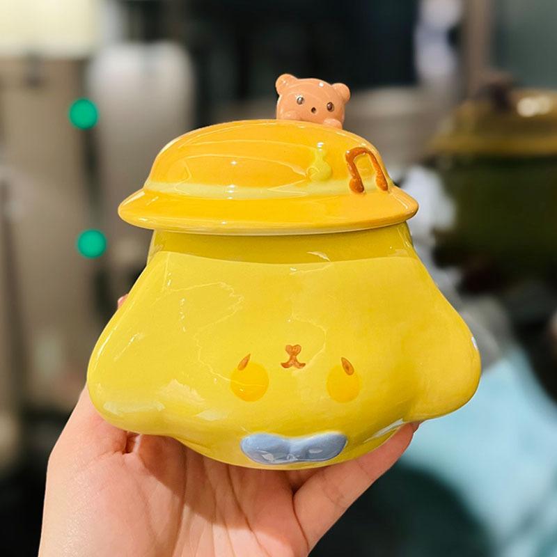 Cute Fufu Dog Ceramic Cup with Lid Spoon Couple Water Cup Soft Cute Healing Breakfast Mug with Straw