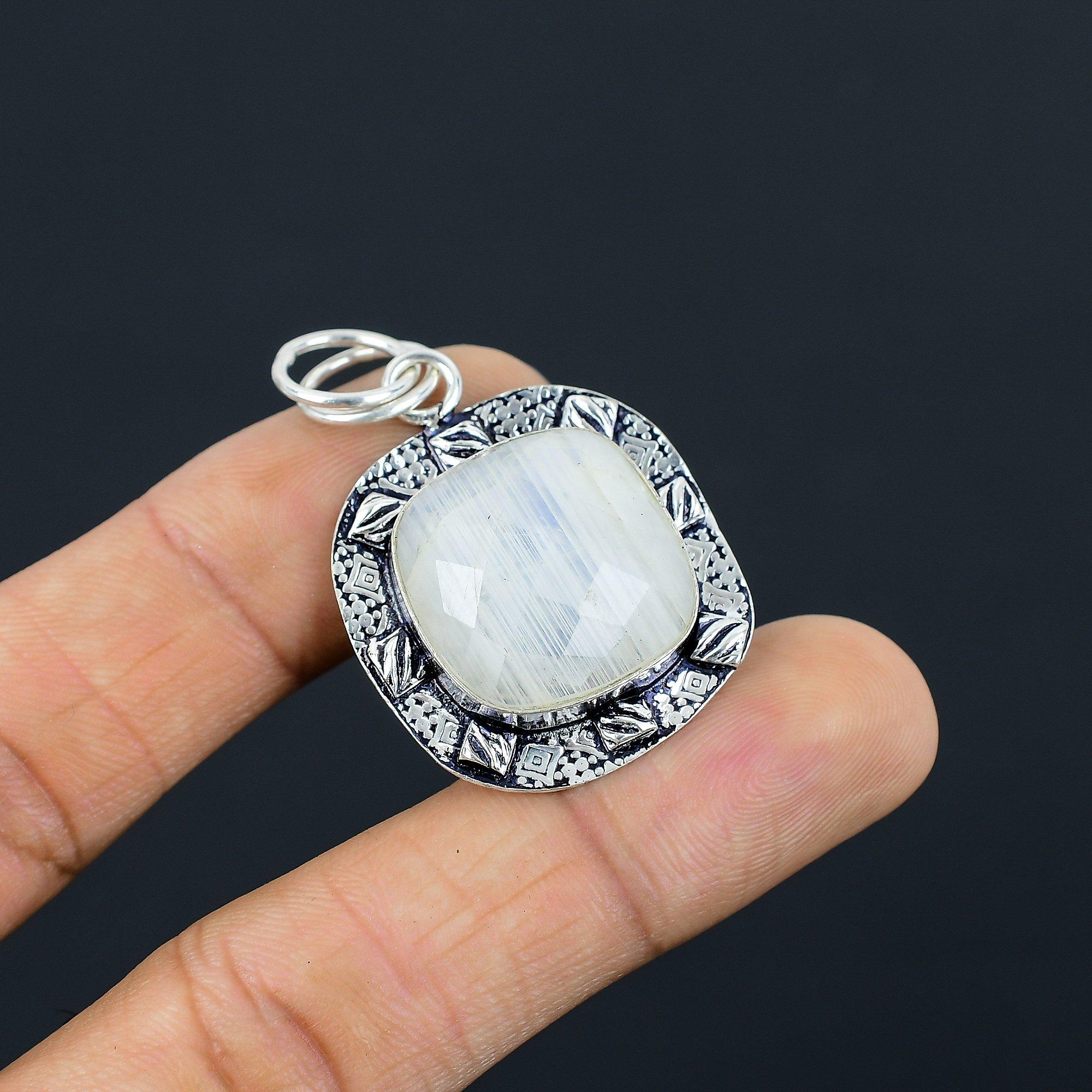 

Womens day Sale 925 Sterling Silver Crown Chakra Rainbow Moonstone Stone Pendant