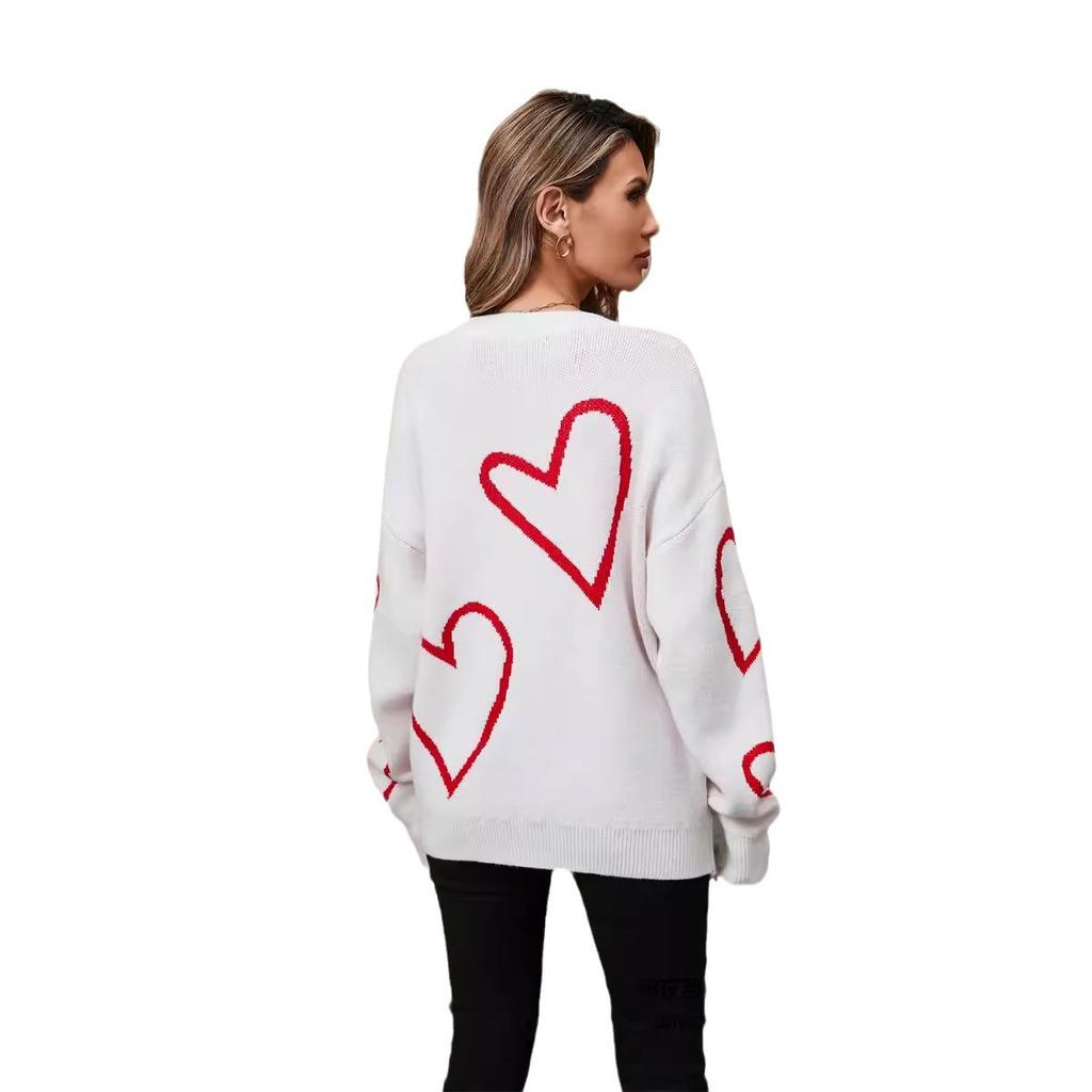 Autumn and Winter Women's Sweater Love Valentine's Day Pullover Long Sleeve Large Peach Heart Clashing Sweater