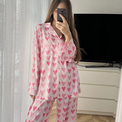 Printed Love Women's Pajamas Set, Sexy Lapel Pajamas, Long-sleeved Pajamas, Trousers, Casual Women's Pajamas Set