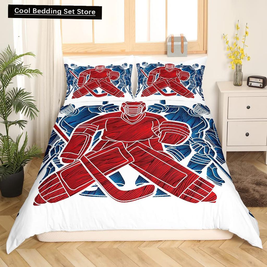 Comforter Ice Hockey Puck Hockey Player Winter Event Bedding Set Boys Sports Game Black Polyester Comforter