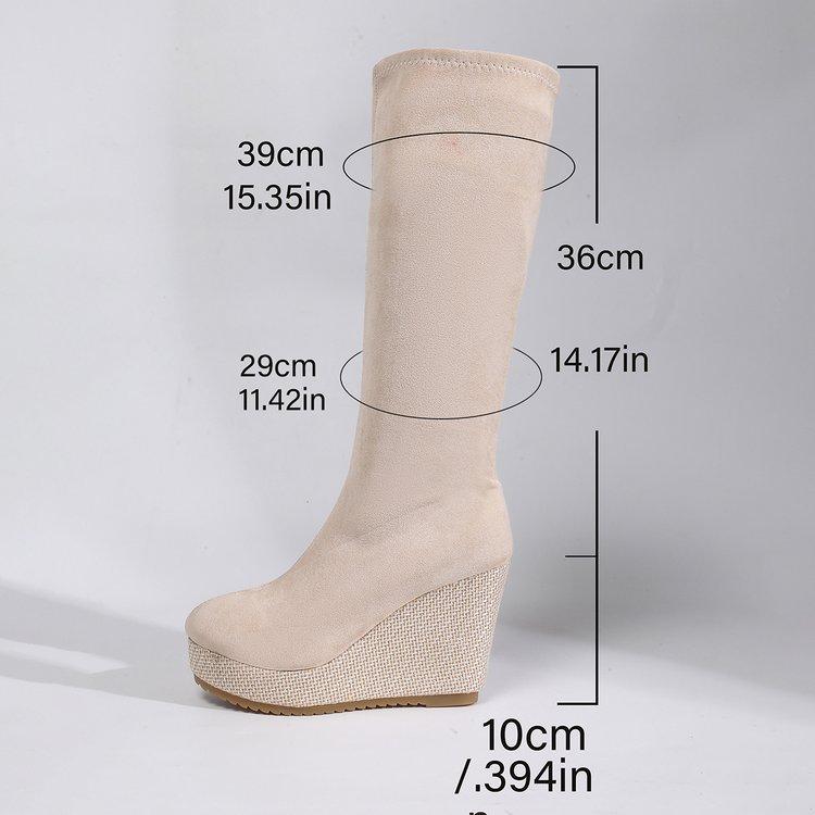 

Осенние Новые Высокие Сапоги Женские Круглый Носок Замша Боковая Молния Платформа Нескользящие Износостойкие Плиссированные Сапоги-Танкетки 42