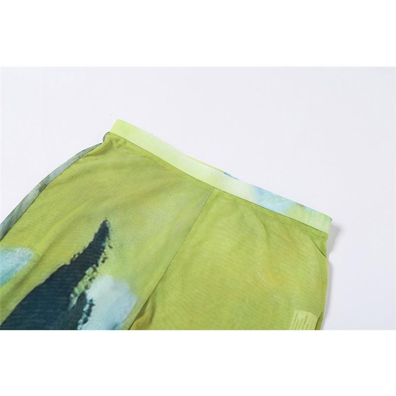 Letní dámské sexy průsvitné síťované potisky prodyšné bokovky úzké ležérní kalhoty s vysokým pasem