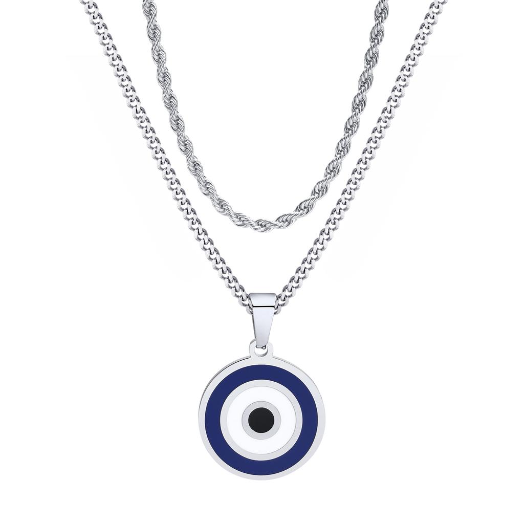 Vnox Turkish Lucky Double Layer Evil Eyes Pendant Necklace for Men, Stacked Blue Eye Necklace Set Jewelry Gift