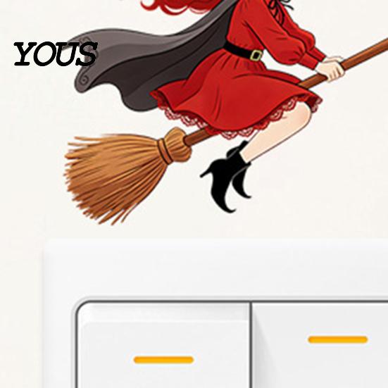 Holiday Home Decoration Halloween Switch Sticker, Witch Riding Broom Light Decal, Creative Decor Self-Adhesive Wall Stickers for Bedroom Living