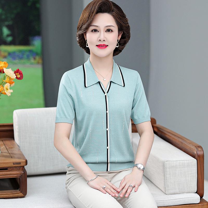 

Elegant Ice Silk Lapel T-shirt for Mother s Day: Short Sleeve, Breathable, Versatile Knit for Middle-Aged & Elderly Women 5XL (150-165 lbs) синій