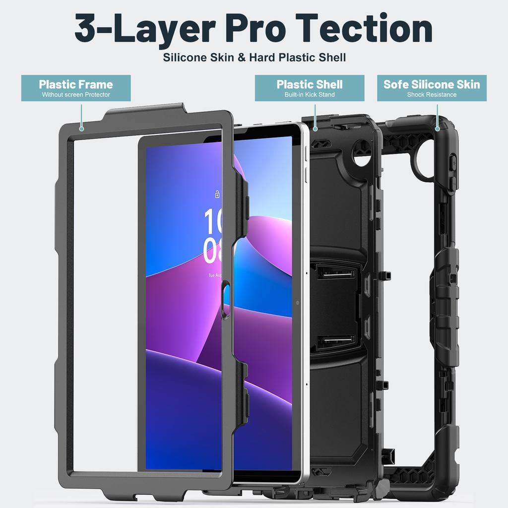 Kickstand Rugged Case for Lenovo Tab 10.1" 2025 K10C TB311XU TB311FU Heavy Duty Cover 3-Layers Protection Shockproof PC-Silicone