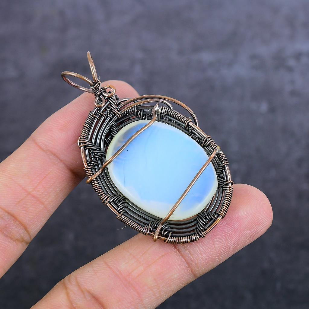 Natural Milky Opal Gemstone Handmade Copper Wire Wrap Jewelry Pendant 2.36" W6E26