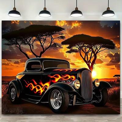 Stylish Old Car Tapestry, Hot Rod with Flames At African Sunset Landscape Wall Art for Party Backdrop