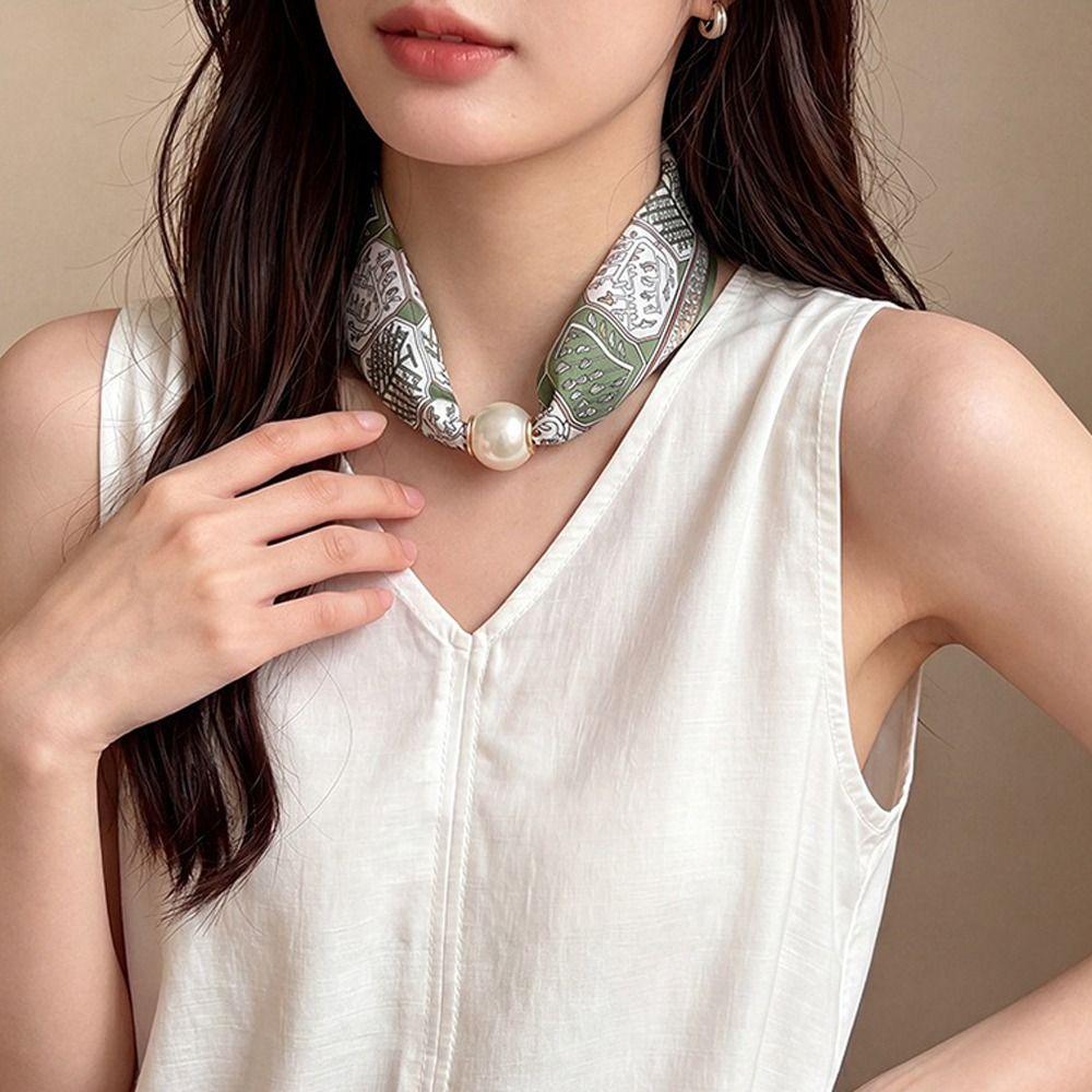 Thin Pearl Silk Scarf Soft Neck Wrap Elegant Neckerchief for Women