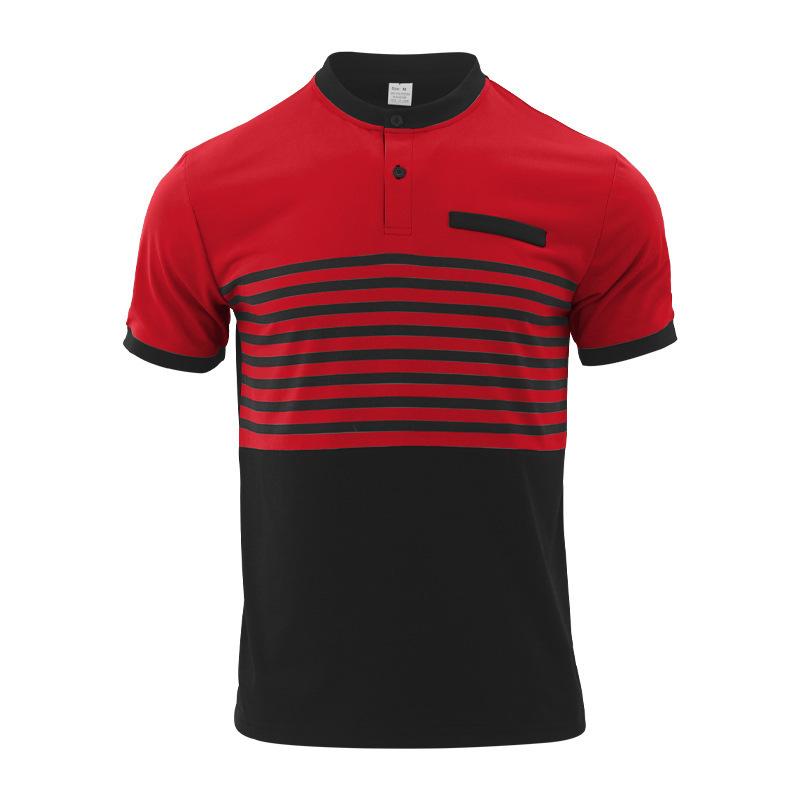 New Contrast-Striped Short-Sleeved Men's Casual Polo Shirt V-Neck Button-Front Top Men's Henley Shirt