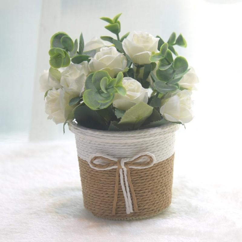 Artificial Rose Flower and Leaves Bouquets In Small Vase Faux Flowers Potted Plant for Home and Office Table Decoration