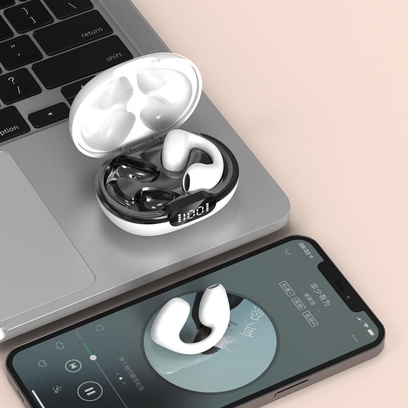 

Bluetooth 5.3 Гарнитуры Наушники с костной проводимостью OWS Наушники с зажимами для ушей Светодиодный дисплей Ушной крючок Спортивная гарнитура с микрофоном белый