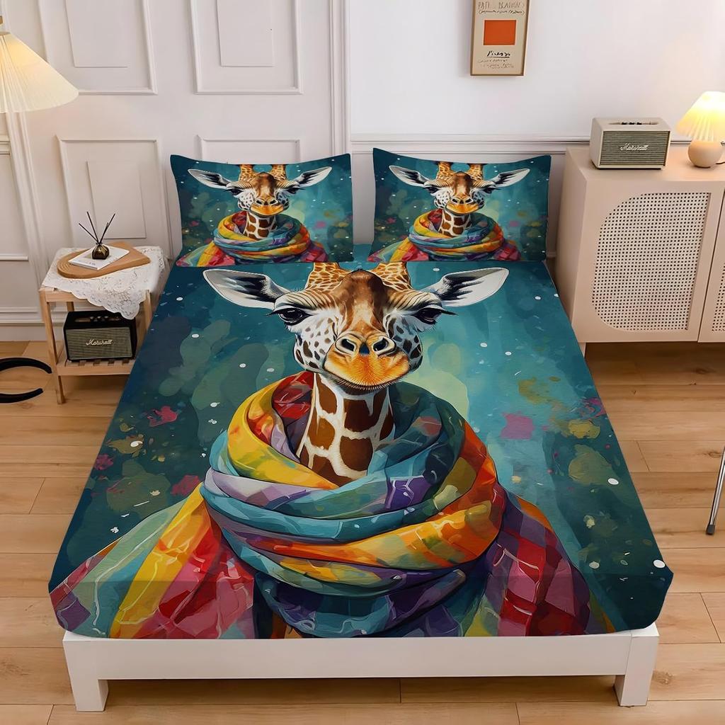 Giraffe Kids Fitted Sheet Single Size,Cute Giraffe Family Bed Cover with 1 Pillowcase 75*50,Cartoon Animal Theme Bedding Set