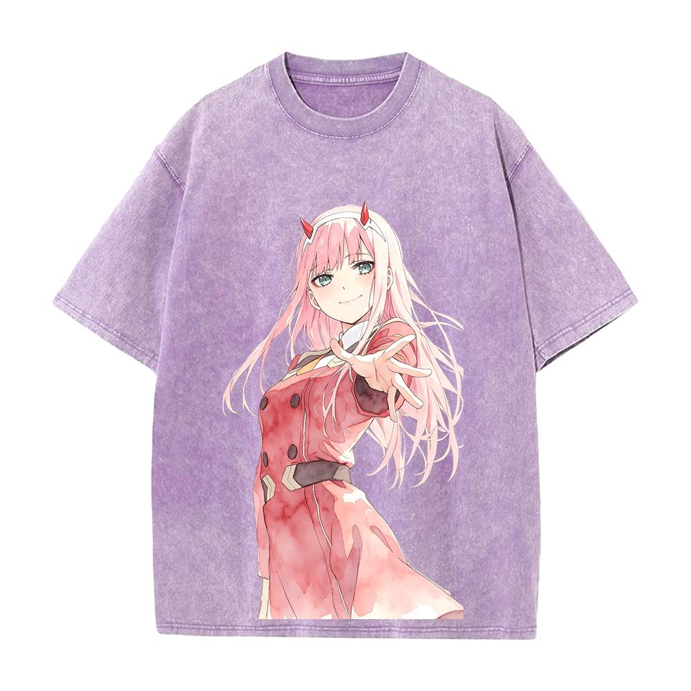 DARLING In the FRANXX Zero Two Printed Tee Men Women Vintage Washed T-shirts Oversized Cotton Streetwear Short Sleeve Clothing