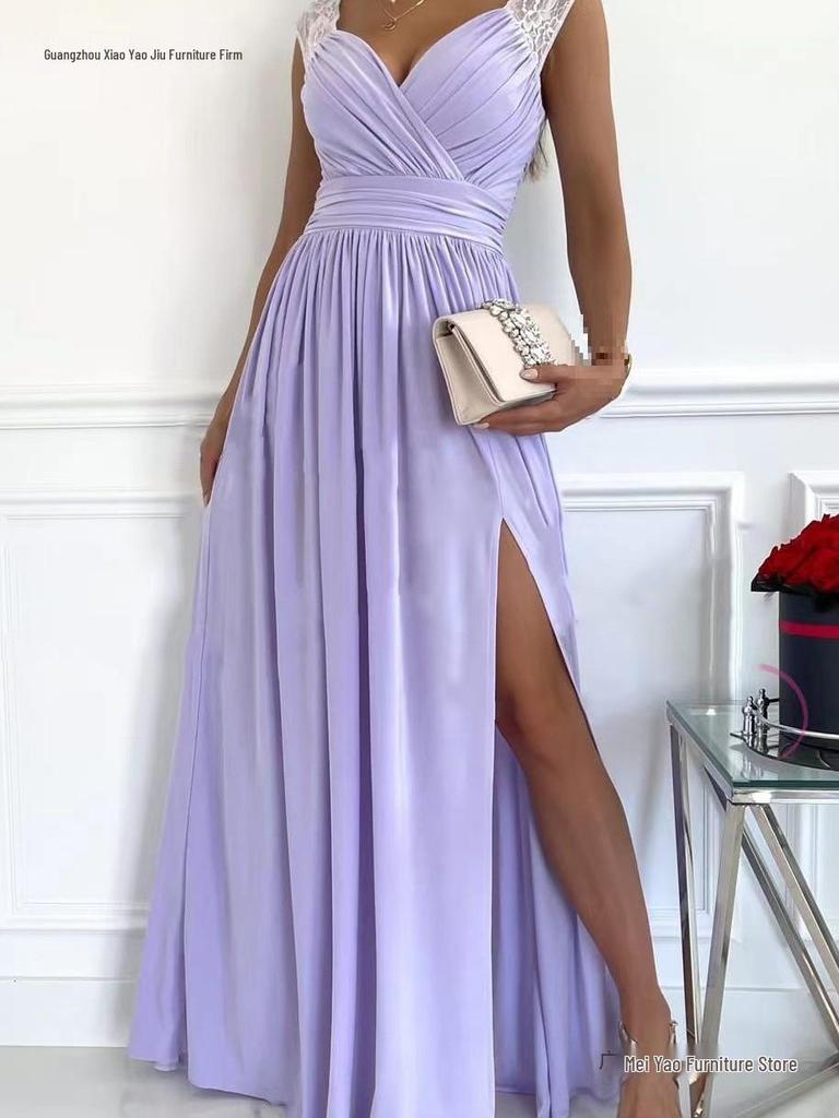 2026 Bez rukávů Krajka Záda odhalená Evropsko-americké Dámské Šaty s rozparkem na lemu