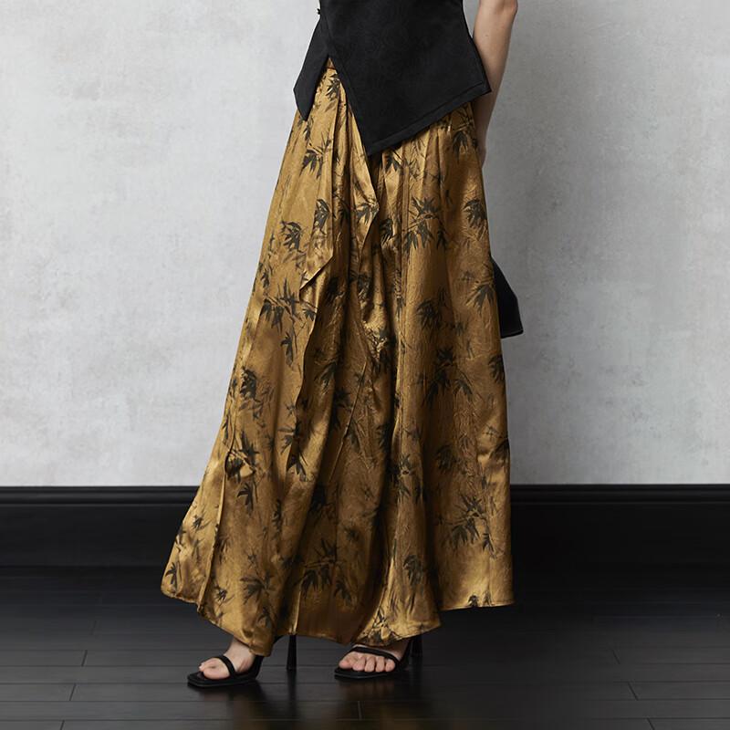 HECO Fuguang New Chinese Style Acetate Bamboo Print A-Line Midi Skirt S