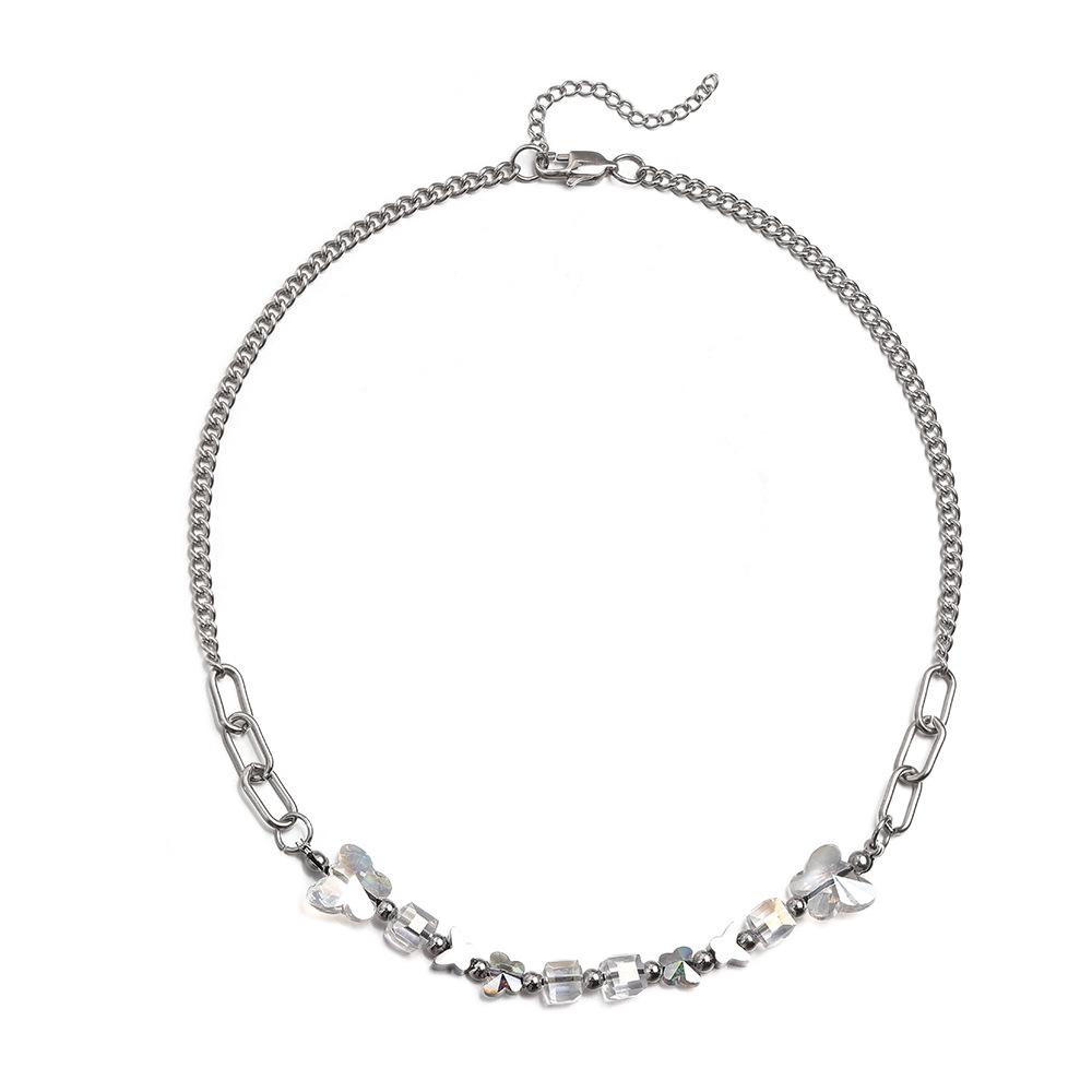 Urban Hip Hop Pearl & Crystal Reflective Stainless Steel Necklace - Titanium Clavicle Chain for Couples