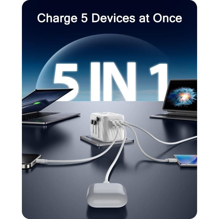 Adaptateur de Voyage,Prise Universelle Internationale avec 3 USB-A et 1 USB-C PD,Adaptateur Mondial Voyage France vers USA,Blanc