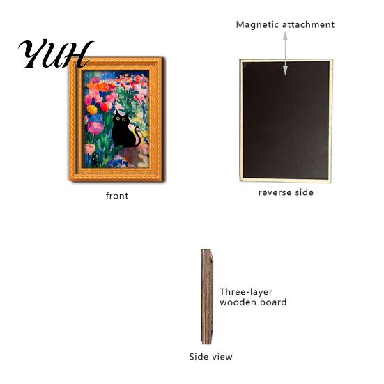 Metal Doors Decorative Magnets Oil Painting Cat Refrigerator Magnet, Wooden Frame Black Photo Theme Retro Rectangle Magnetic Decoration Fridge