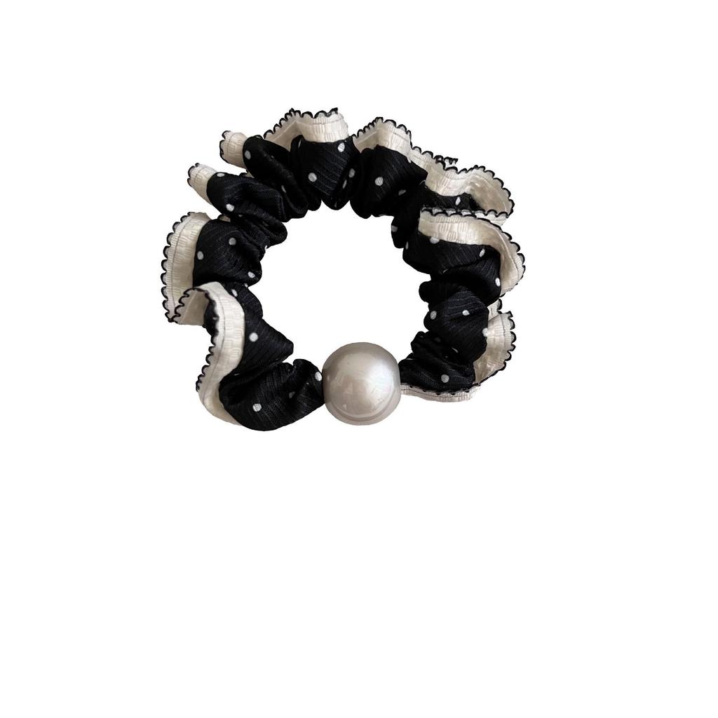 Korean Lace Polka Dot Pearl Scrunchie: Artistic Elastic Hair Band Accessory.