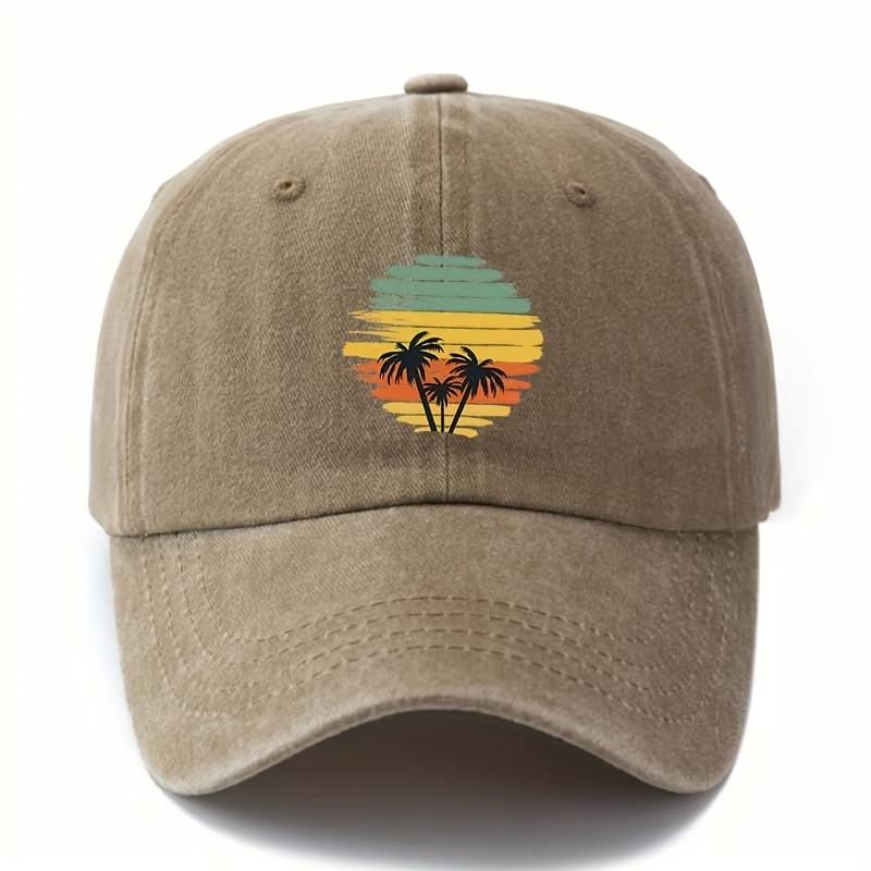 Retro tropical sunset coconut tree patterned baseball cap suitable for outdoor travel, camping, and leisure activities