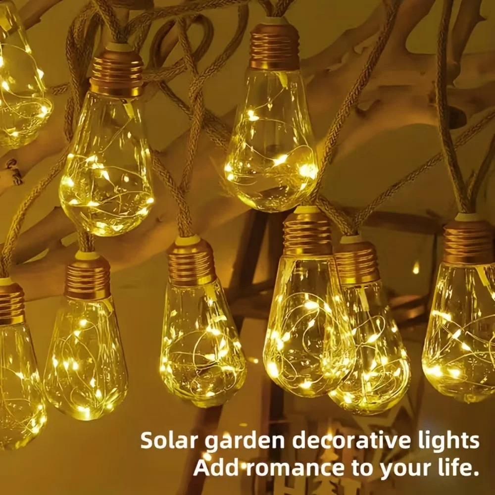 Solar Hemp Rope Fairy String Lights Waterproof Outdoor Decorative Lights for Patio Garden Party Decor