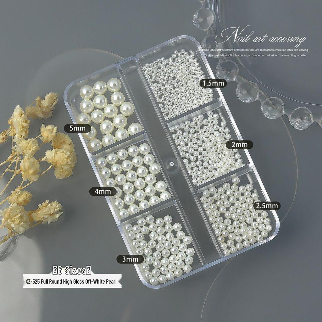 12-Grid High-Gloss Pearl Rice White Nail Art Decorations: 6-Piece Round and Half-Round Mixed Size Set