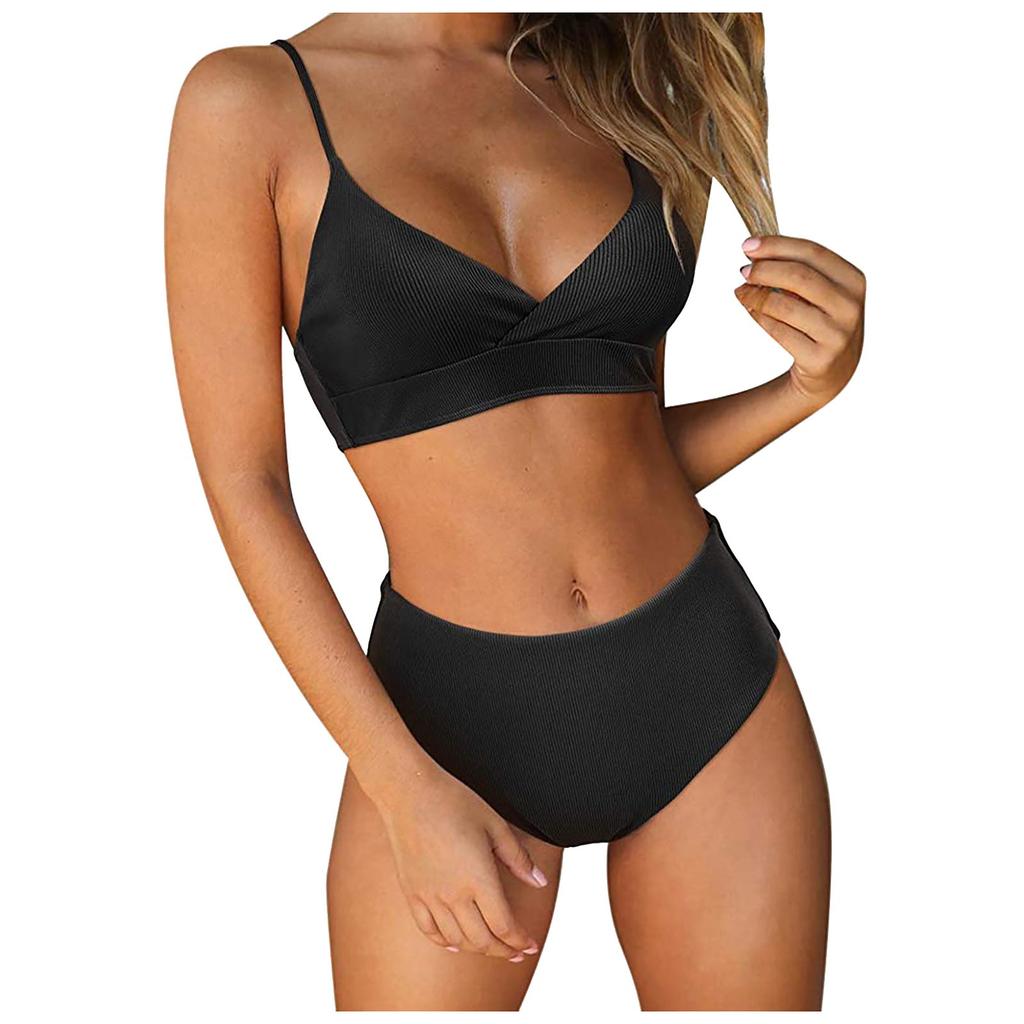Damen Bikini Set mit tiefem V-Ausschnitt, gepolstert, Push-Up, 2-teilig, Badeanzug, Strandmode