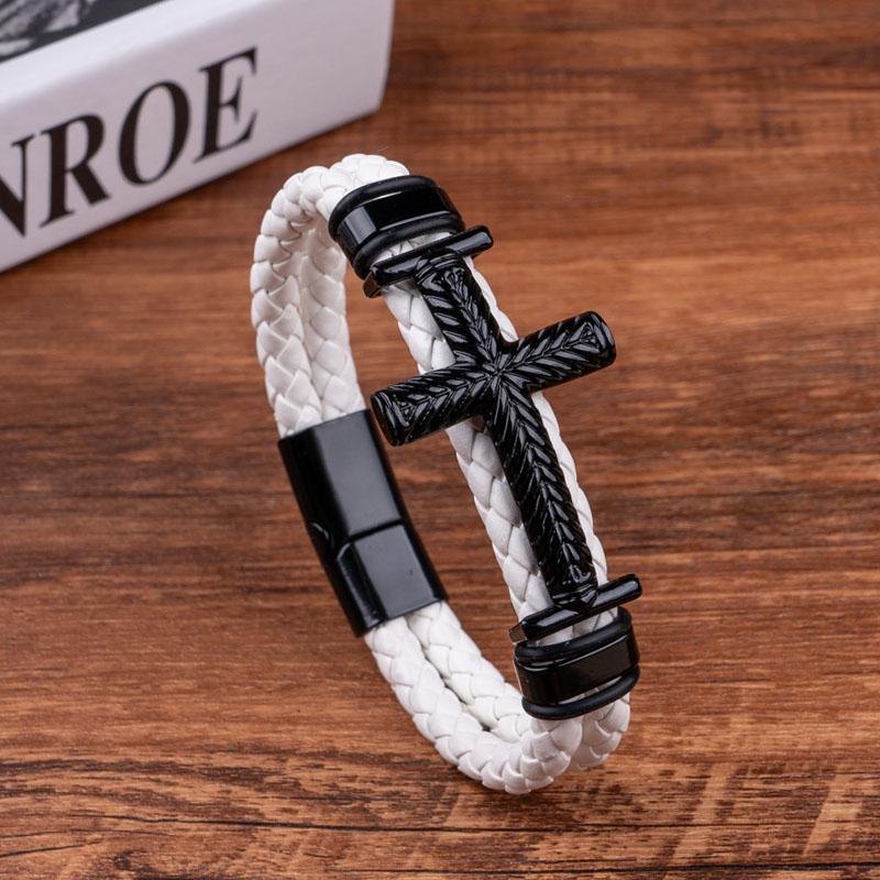 Black Cross Braided Bracelet Retro Spiritual Accessory Multi-Color PU Leather Design Jesus Cross Charm Cuff Bracelts for Man