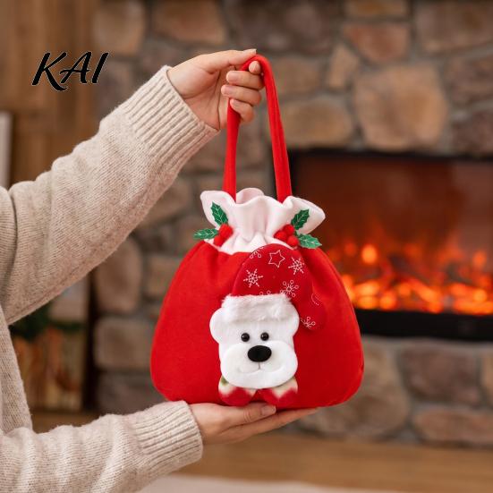 Drawstring Candy Pouches Christmas Flannel Bags, Fruit Cookie Packing Bag, Cute Holiday Goodie Bags Snowman/Santa/Elk Gift Wrap Bag for Presents,