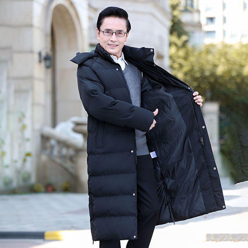 Extra Long Winter Jacket for Middle-Aged & Elderly Men - Thickened, Fleece-Lined, Grandpa Style, Warm Cotton Padded, Over-the-Knee Design