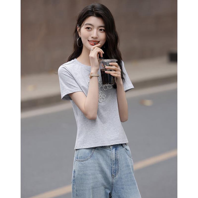 Demana Damen Sommer Perlenblume Kurzarm T-Shirt