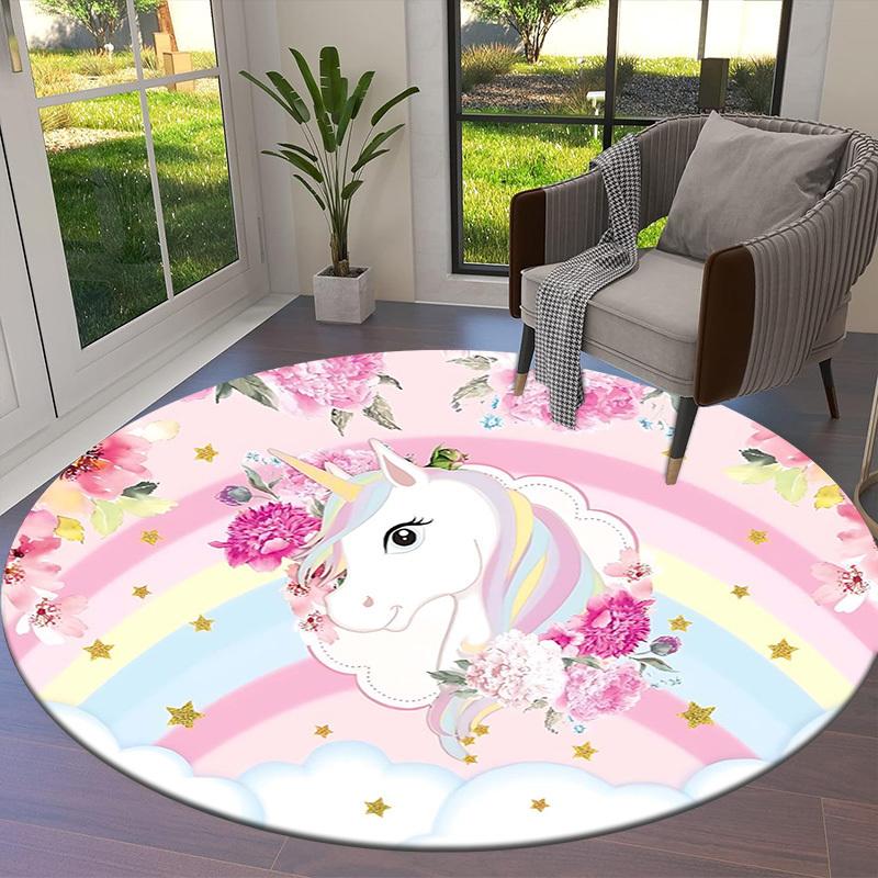 1PC Unicorn Flowers Non-Slip Floor Round carpet, Office, family, bedroom, Large Area Rug Indoor Rugs, Vibrant Colors-Z0488