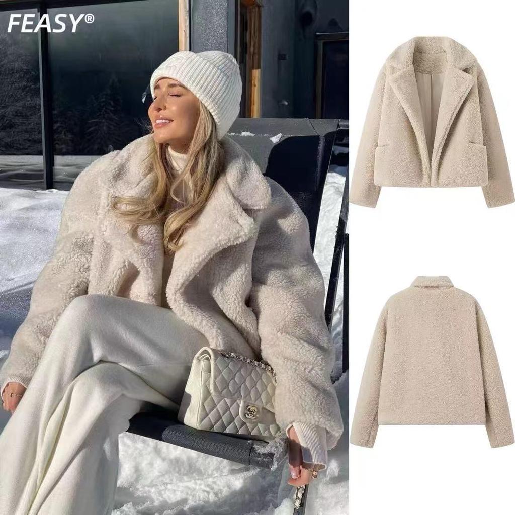 European & American Women's Street Fashion Turn-Down Collar Fuzzy Coat